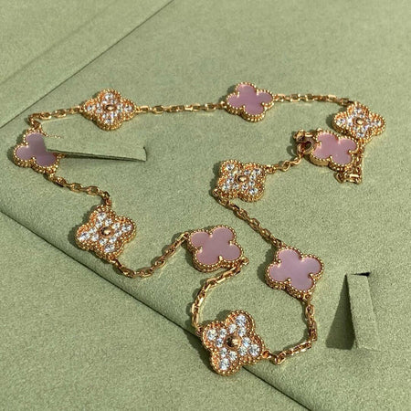 [Luna Brilliance]CLOVER 10 MOTIFS DIAMOND PINK MOP NECKLACE