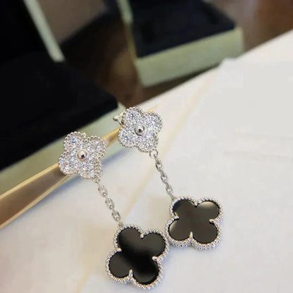 [Luna Brilliance]CLOVER 2 MOTIFS  DIAMOND ONYX EARRINGS SILVER