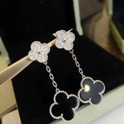 [Luna Brilliance]CLOVER 2 MOTIFS  DIAMOND ONYX EARRINGS SILVER