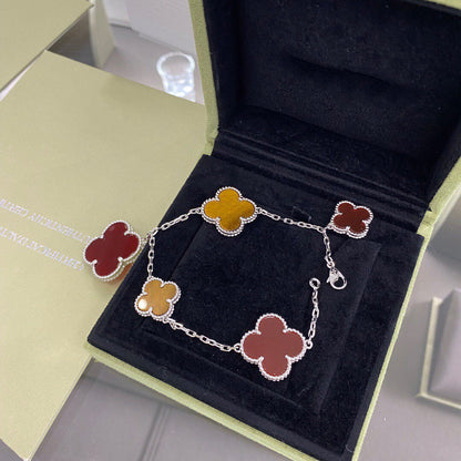 [Luna Brilliance]CLOVER 5 MOTIFS SIVLER CARNELIAN TIGER EYE BRACELET