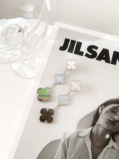 [Luna Brilliance]CLOVER 3 MOTIFS CHALCEDONY DARK MOP SILVER EARRINGS