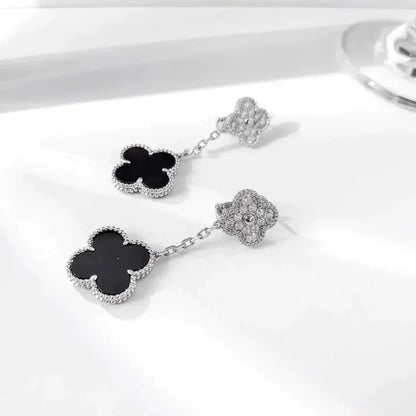 [Luna Brilliance]CLOVER 2 MOTIFS  DIAMOND ONYX EARRINGS SILVER