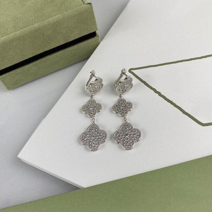 [Luna Brilliance]CLOVER 3 MOTIF DIAMOND SILVER DROP EARRINGS