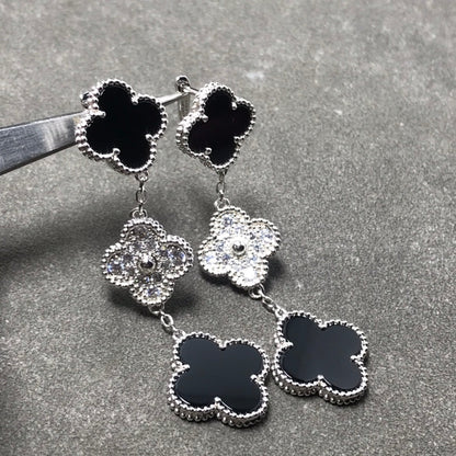[Luna Brilliance]CLOVER 3 MOTIF DIAMOND ONYX SILVER EARRINGS