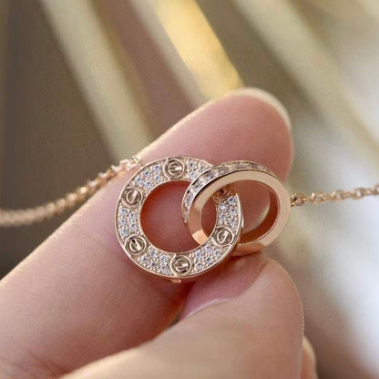[Luna Brilliance]LOVE 7.6MM NECKLACE ROSE GOLD AND SILVER  FULL DIAMOND
