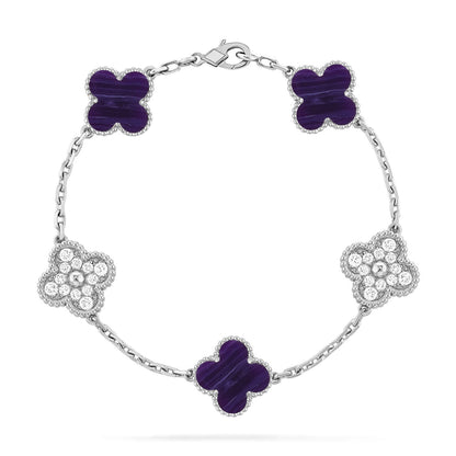 [Luna Brilliance]THICK GOLD-PLATED CUSTOM SIZE EDITION CLOVER DIAMOND SILVER BRACELET COLLECTION,5 MOTIFS