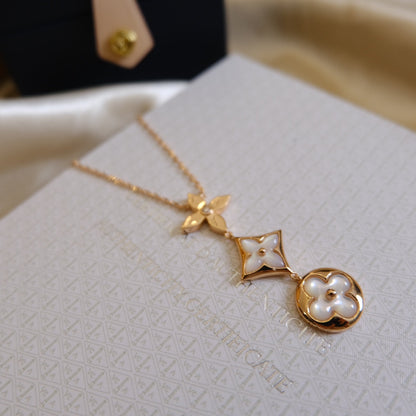 [Luna Brilliance]COLOR BLOSSOM LARIAT NECKLACE PINK GOLD WHITE MOTHER PEARL AND DIAMOND