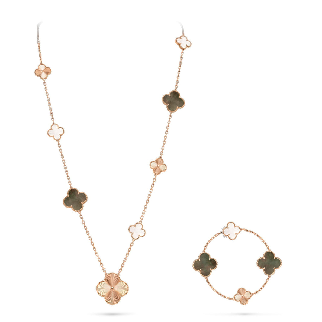 [Luna Brilliance]DETACHABLE CLOVER 15(11+4) FLOWER ROSE GOLD NECKLACE SET