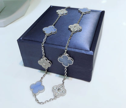 [Luna Brilliance]CLOVER 10 MOTIFS CHALCEDONY DIAMONDS SILVER NECKLACE
